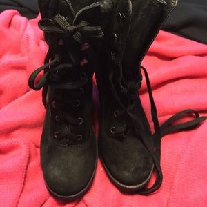 Black Suede Sweater Cuffed Tie-up Booties ON SALE